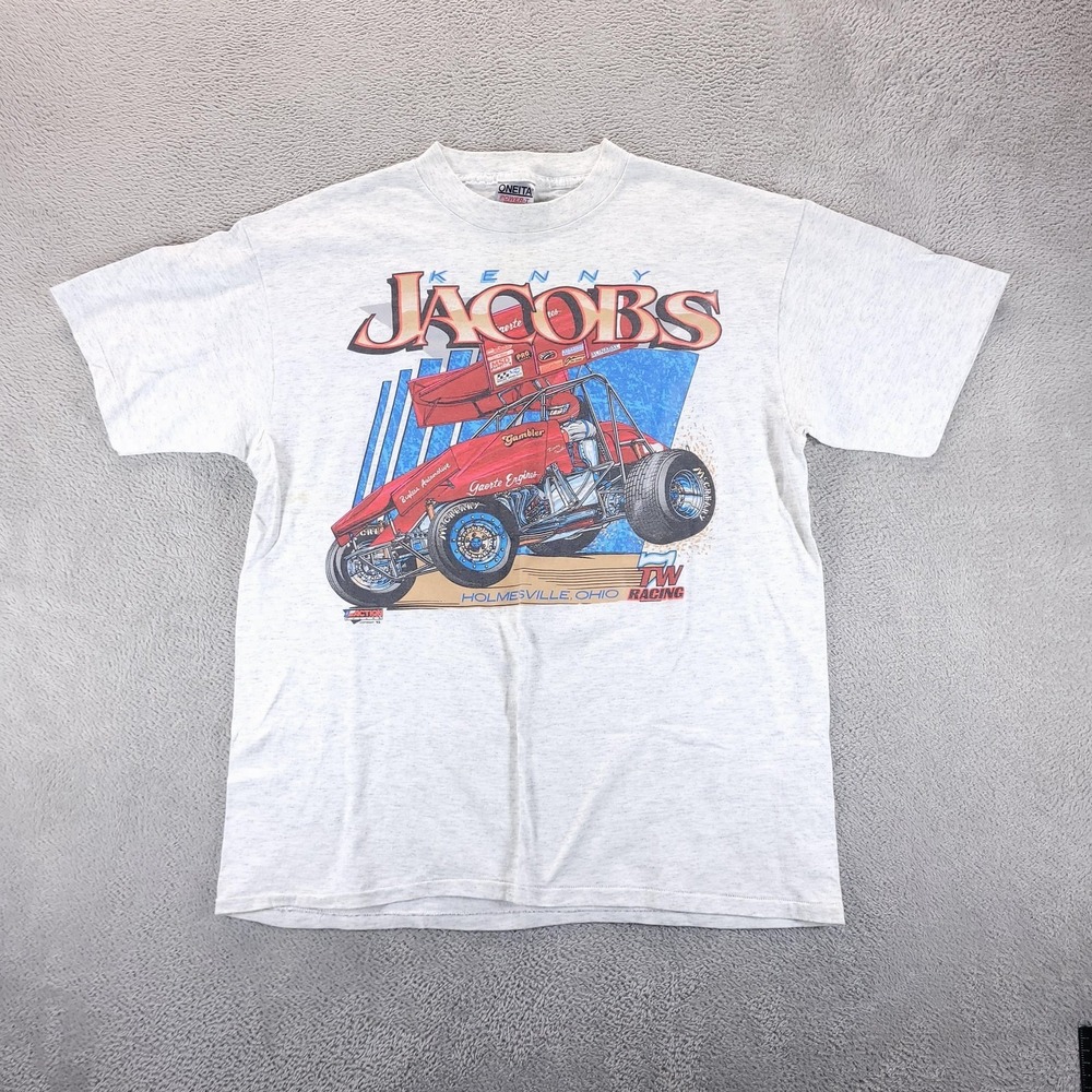 VTG Kenny Jacobs Shirt Mens L Gray Sprint Car Racing Oneita 1992 90s Tee